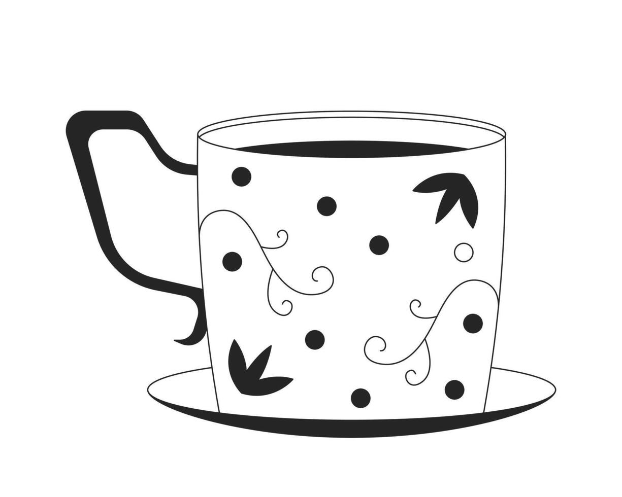 Elegant vintage teacup with floral patterns 2D line object. Tea cup with intricate retro decorations placed on saucer isolated clipart ink outline item. Monochrome spot illustration vector