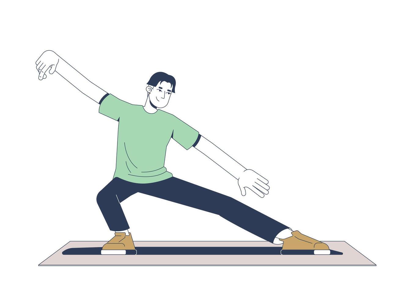 Asian man practicing tai chi for flexibility 2D illustration. Qigong martial arts. Mindful guy stretching yoga pose on mat flat character isolated on white background. Colorful cartoon image vector