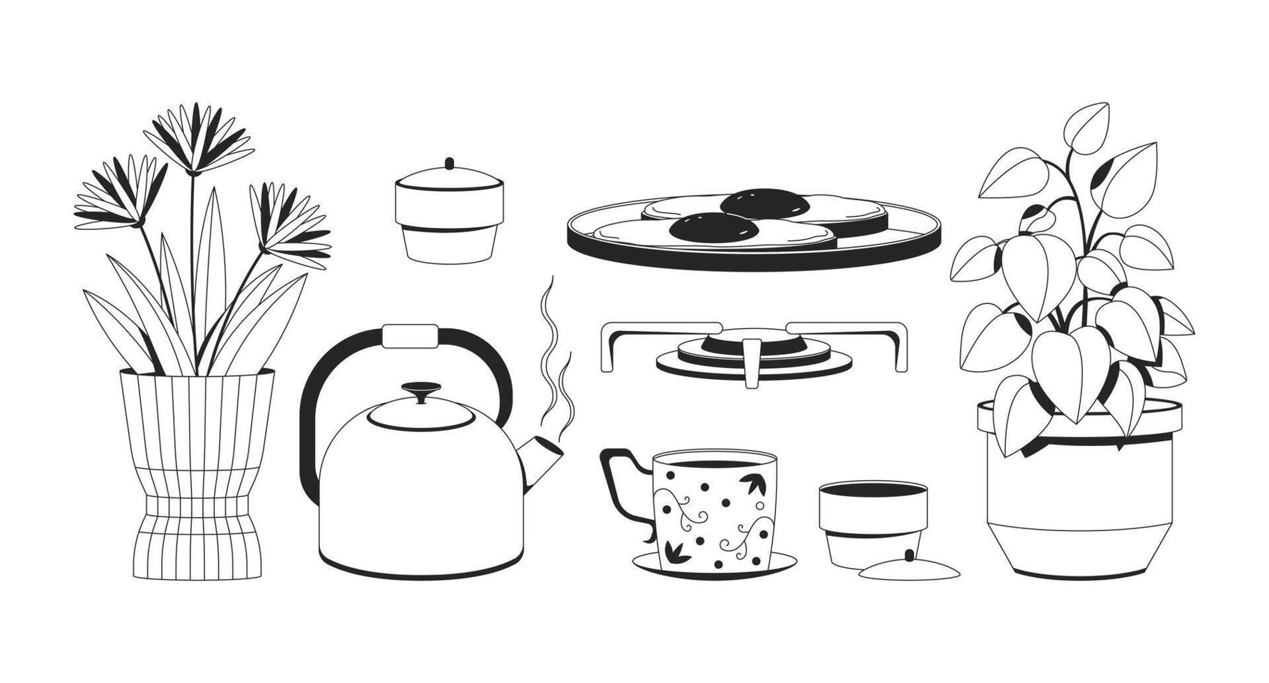 Cozy kitchen items in Lo-Fi aesthetic 2D line objects set. Teapot, fried eggs, potted plants, gas stove, teacup isolated cliparts ink outline items. Monochrome spot illustrations collection vector