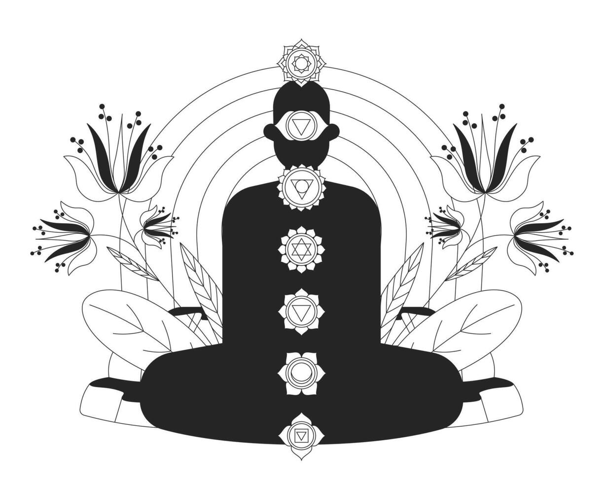 Chakras energy balance and spiritual alignment line illustration concept. Enlightenment yoga. Rainbow silhouette of meditating figure outline 2D character isolated. Ink linear drawing art vector