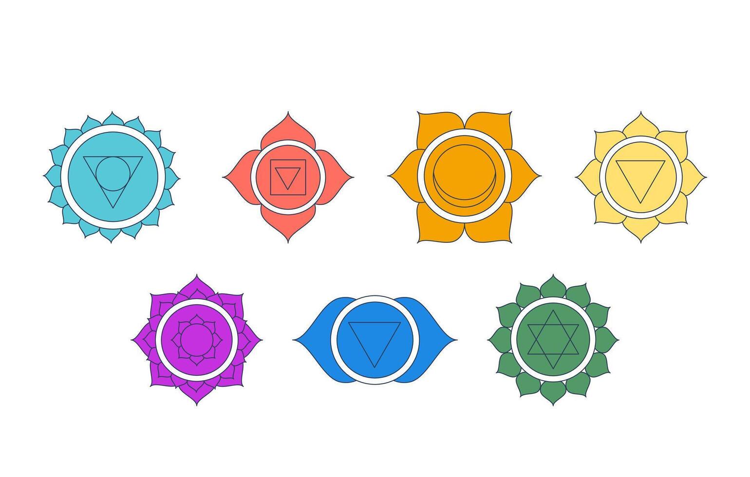 Seven chakra symbols 2D cartoon objects set. Spiritual sacred geometry. Holistic alternative healing energy centers isolated elements flat clip arts on white. Spot illustrations collection vector