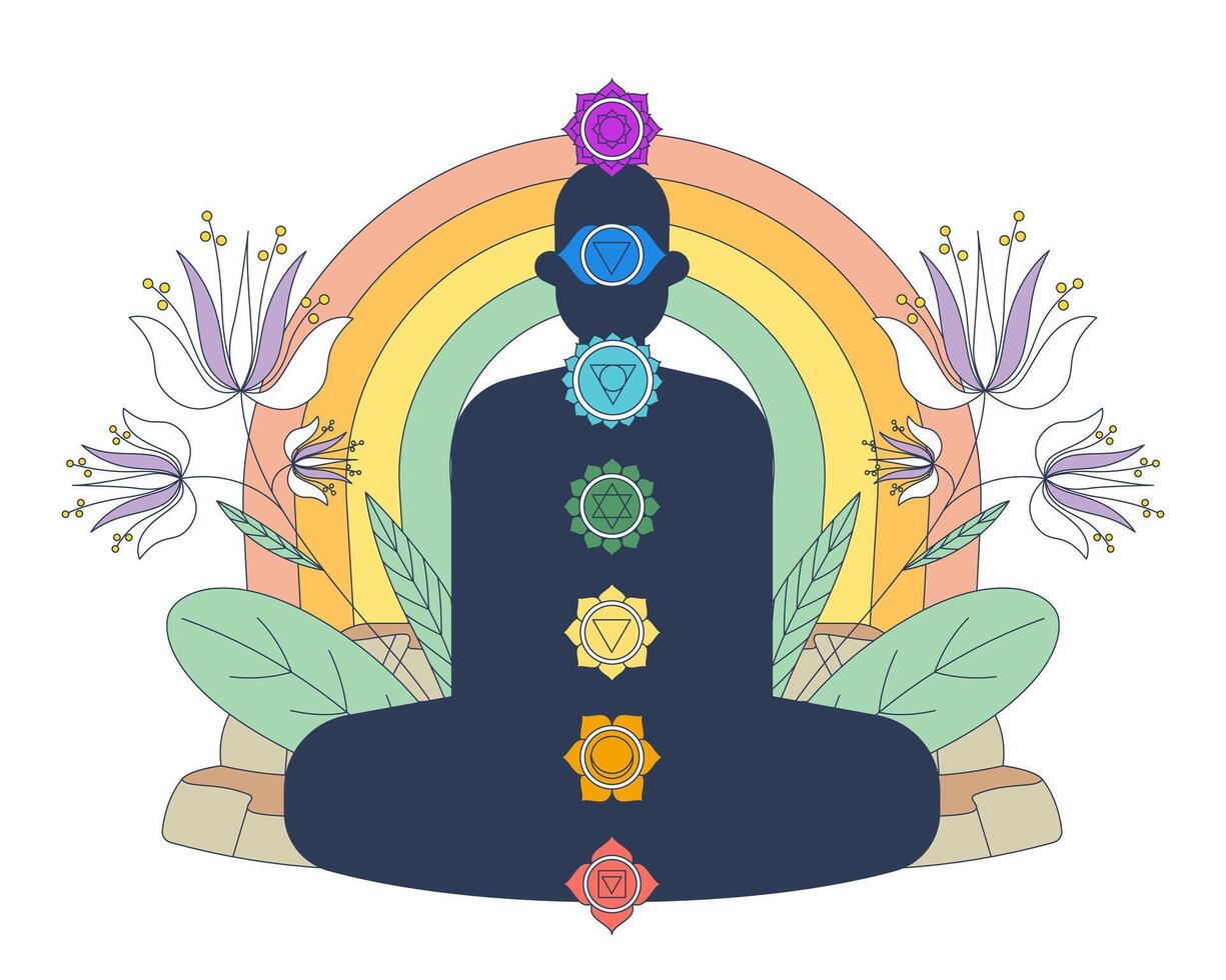 Chakras energy balance and spiritual alignment 2D illustration concept. Enlightenment yoga. Rainbow silhouette of meditating figure cartoon character isolated on white. Flat abstract graphic vector