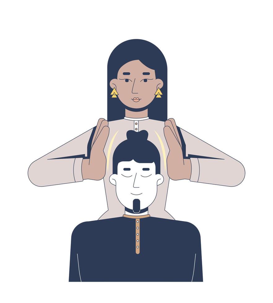 Energy healing with reiki therapy 2D illustration. Eastern wellness spiritual. Asian woman healer palms pranic healing man flat characters isolated on white background. Colorful cartoon image vector