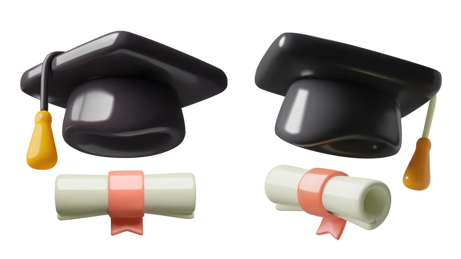 Graduation cap and university degree diploma 3d realistic icons set vector