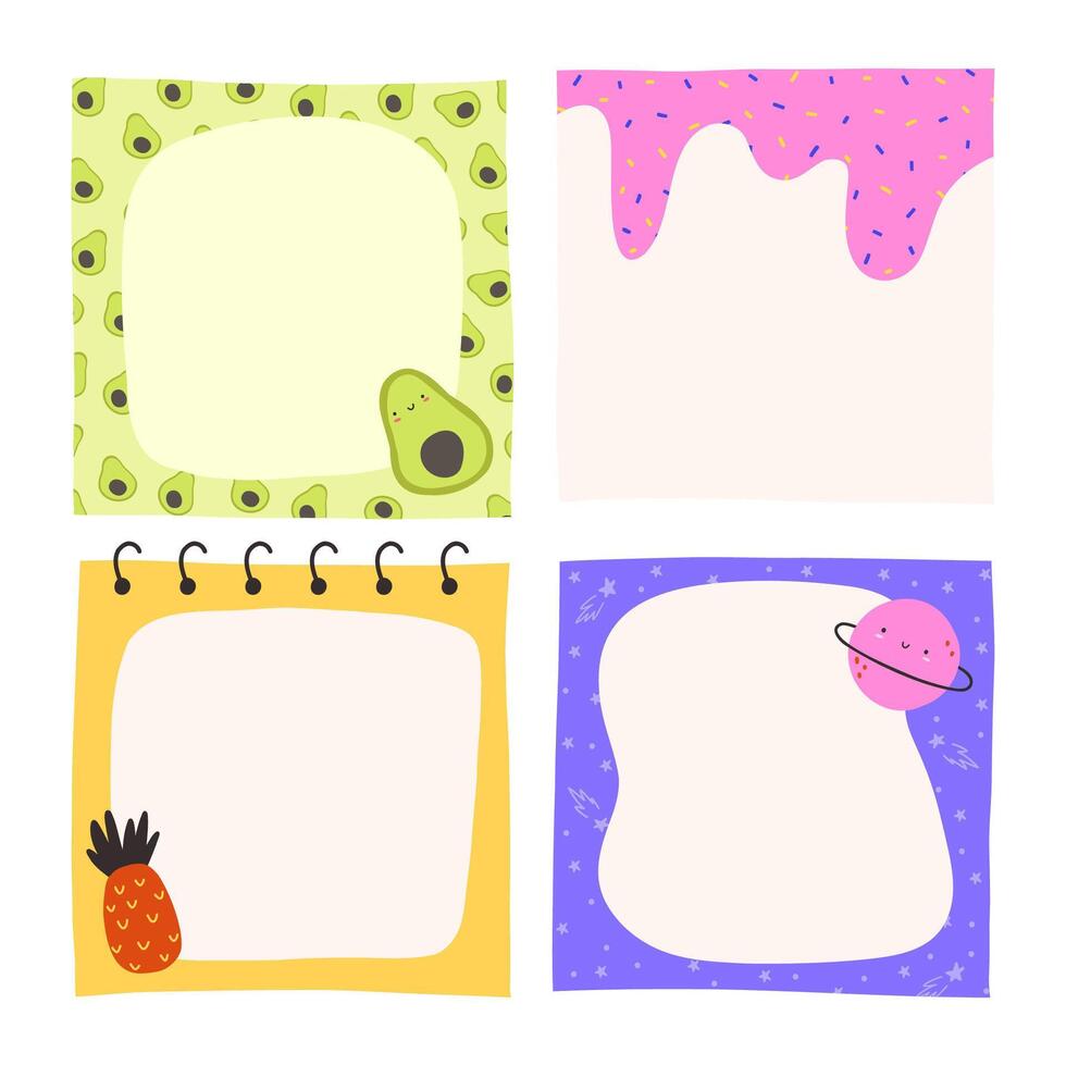 Set of colorful notes and memos for planner and journaling, flat illustration isolated on white background. Cute cartoon stickers for diary, square notepad elements. vector
