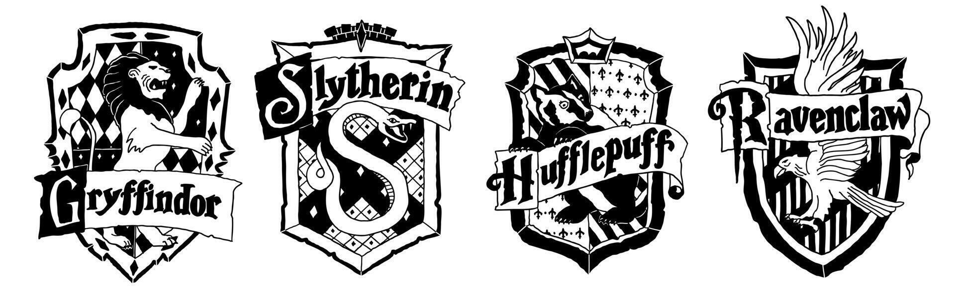 Harry Potter logo collection in doodle style. Gryffindor, Slytherin, Ravenclaw and Hufflepuff. Magic school of witchcraft and wizardry. Illustration isolated on white background. vector