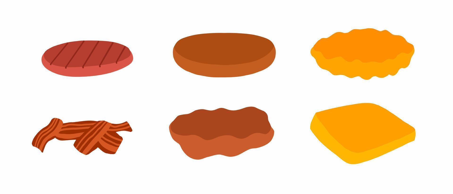 Meat, cheese, bread, and other food items vector