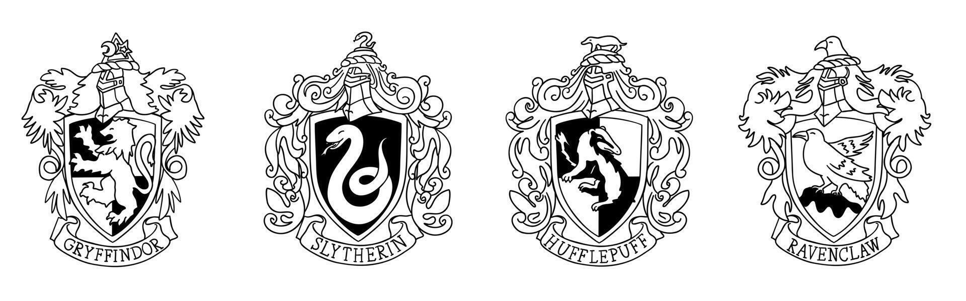 Harry Potter emblem logos in cartoon doodle style. Illustration isolated on white background. vector