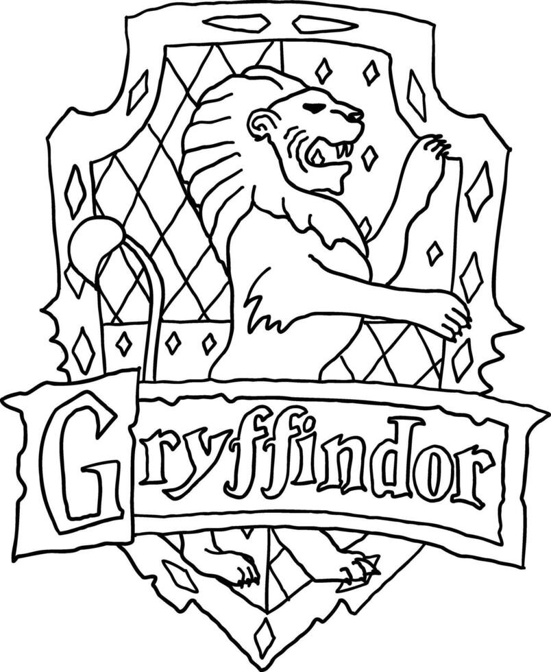 Harry Potter Gryffindor logo in outline doodle style. Hogwarts Legacy game. Magic school of witchcraft and wizardry. Illustration isolated on white background. vector