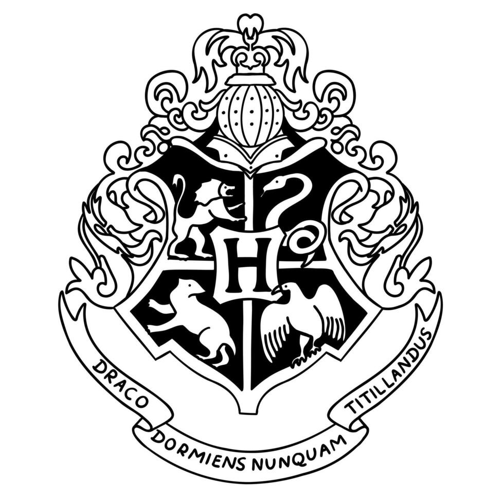 Harry Potter Hogwarts emblem logo in black and white doodle style. Illustration isolated on white background. vector