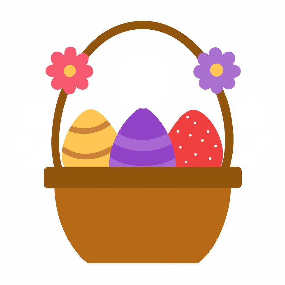 Cartoon basket with easter eggs and flowers. Greeting card Happy Easter for decorative, banner, poster, card. Illustration on white background vector