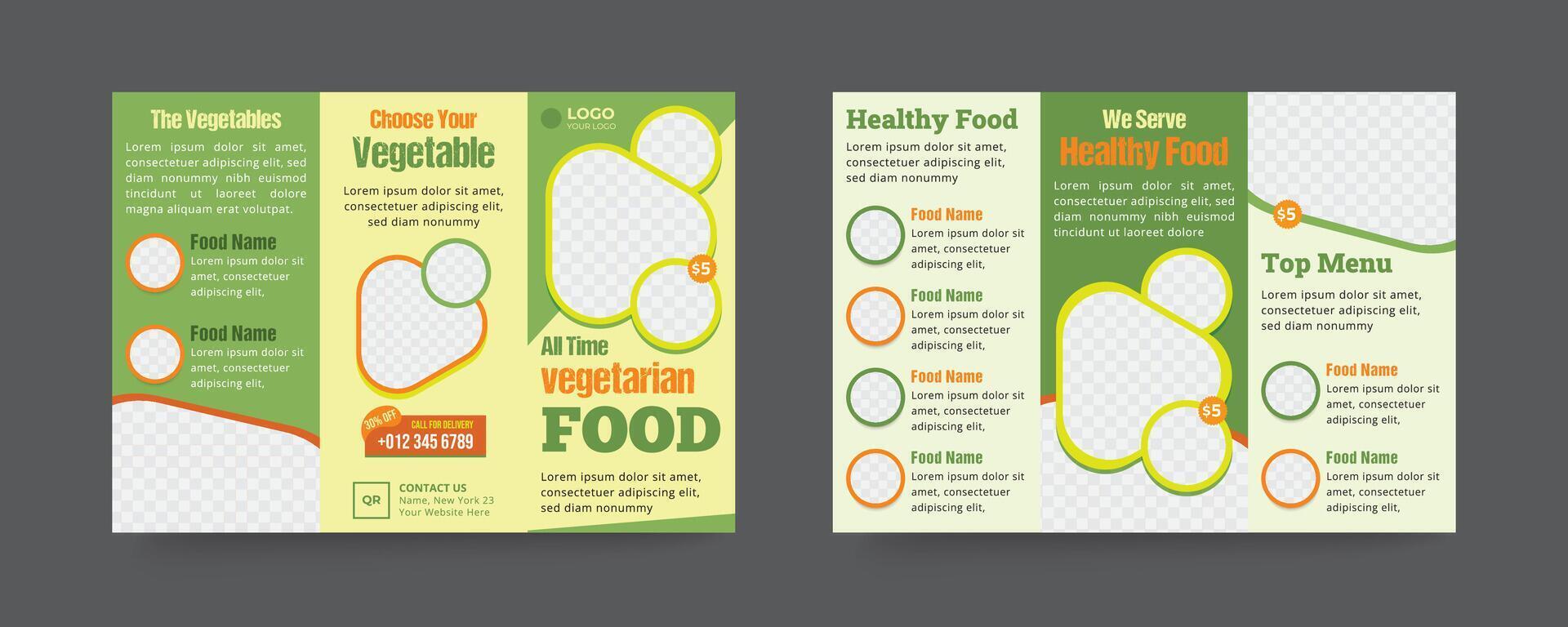 Healthy trifold template and food menu brochure design vector