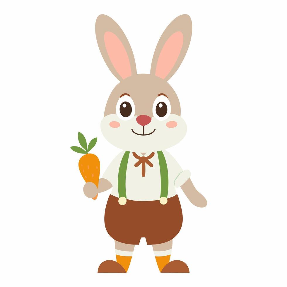 Cartoon cute Easter bunny rabbit in shorts holding a carrot. Greeting card Happy Easter for decorative, banner, poster, card. Illustration on white background vector