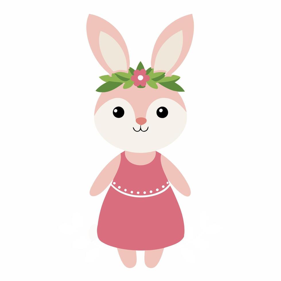 Cartoon cute Easter bunny in pink dress. Greeting card Happy Easter for decorative, banner, poster, card. Illustration on white background vector