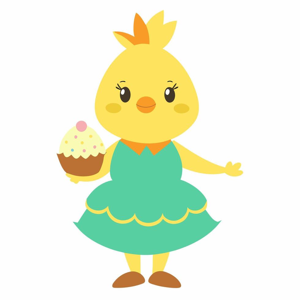 Cartoon Easter chick in a green dress holding an Easter cake. Greeting card Happy Easter for decorative, banner, poster, card. Illustration on white backgroud vector