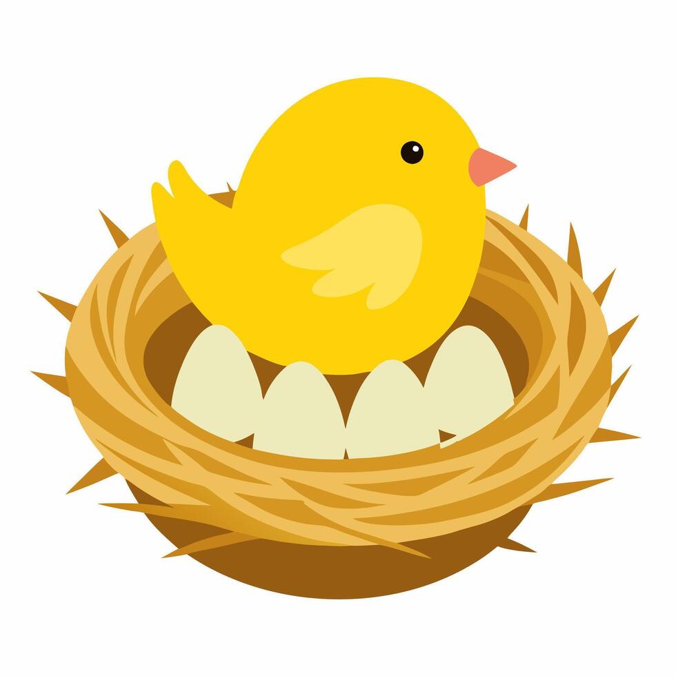 Bird nest with a yellow bird and eggs inside. illustration on white background vector