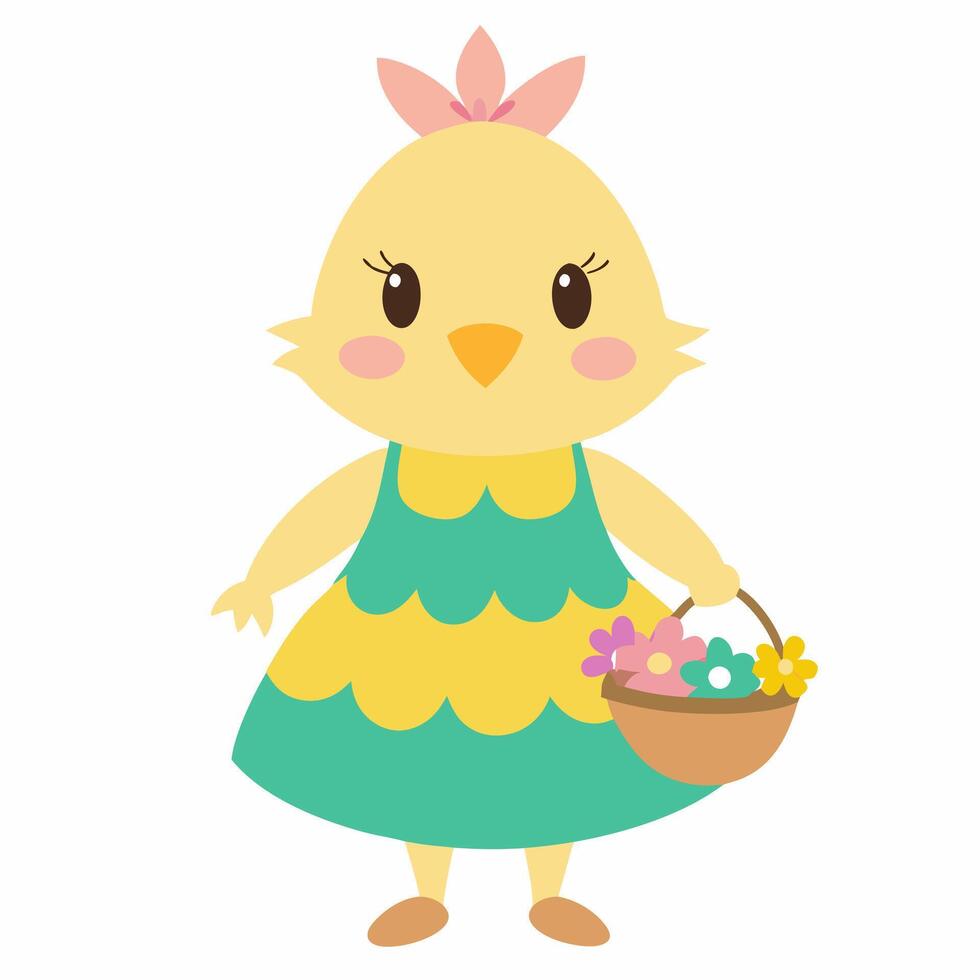 Cartoon chick in a green dress holding holds a basket of flowers. Greeting card Happy Easter, birthday for decorative, banner, poster, card. Illustration on white background vector