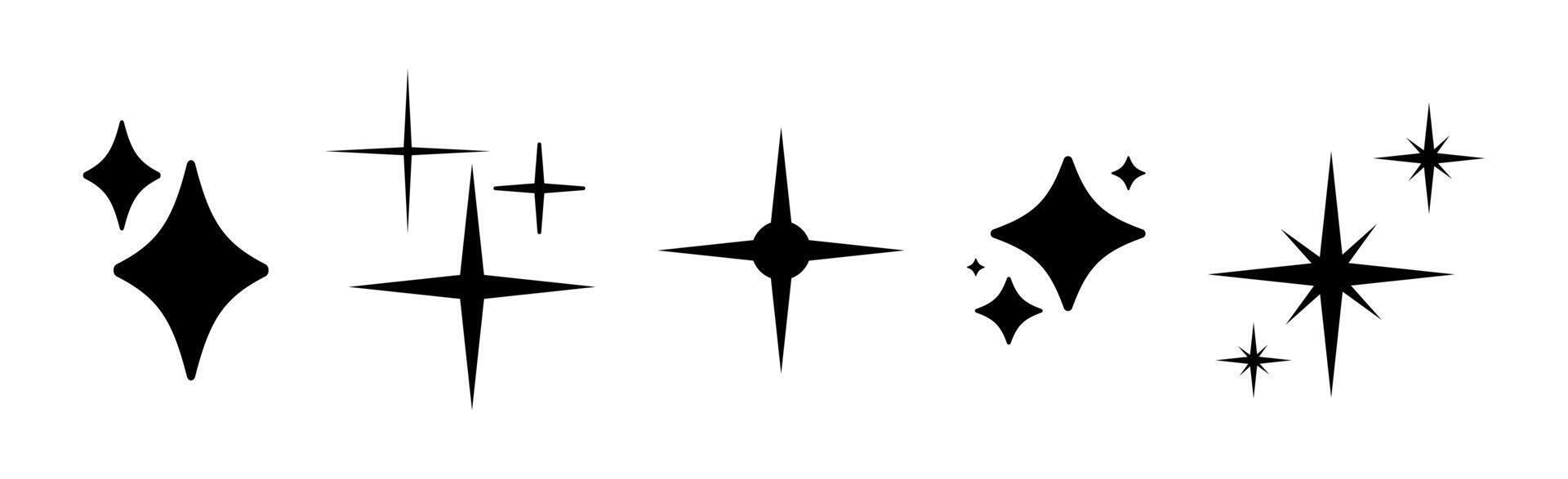 Shine, sparkle black stars set on a white background. Black sparkle star minimalist symbols. Shine retro simple icon. Flat blink twinkle, sunburst star trendy shapes. Magic light flare templates pack. vector