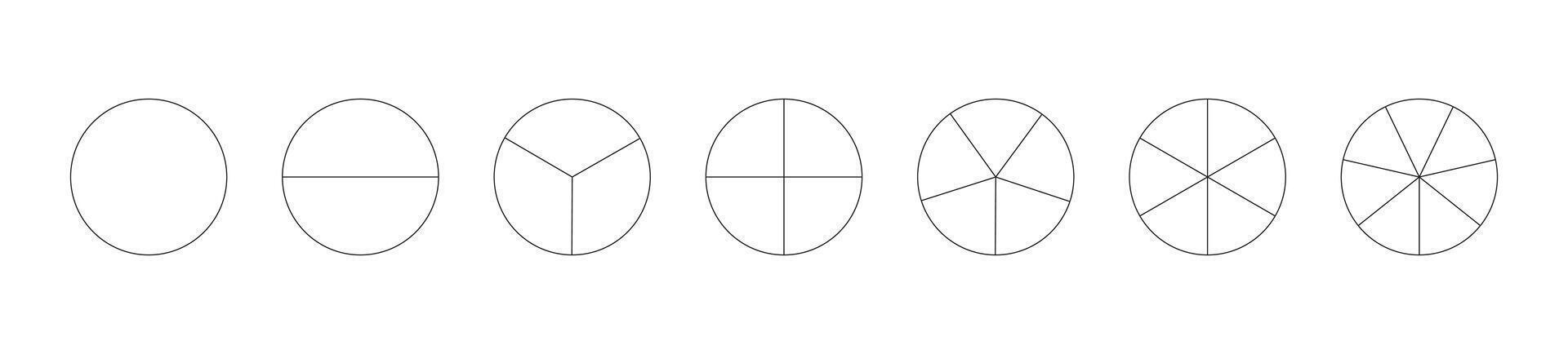 Circle division on from 1 to 7 equal parts. Round divided diagrams with from one to seven segments. Segmented pinwheel black icon. Infographic set. Coaching blanks. Outline graphics. Pizza, pie charts vector