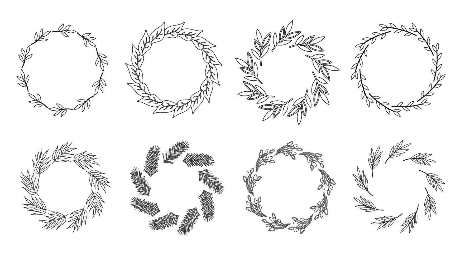 Set of round wreath with twigs and leaves. Black and white linear illustration. Plant garland with empty space for text. Contour drawing different branches in circle. vector