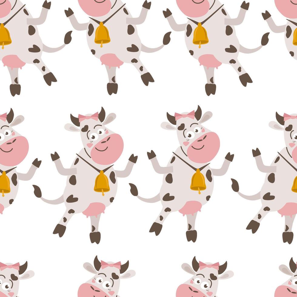 Seamless pattern cute funny cartoon dancing cows vector