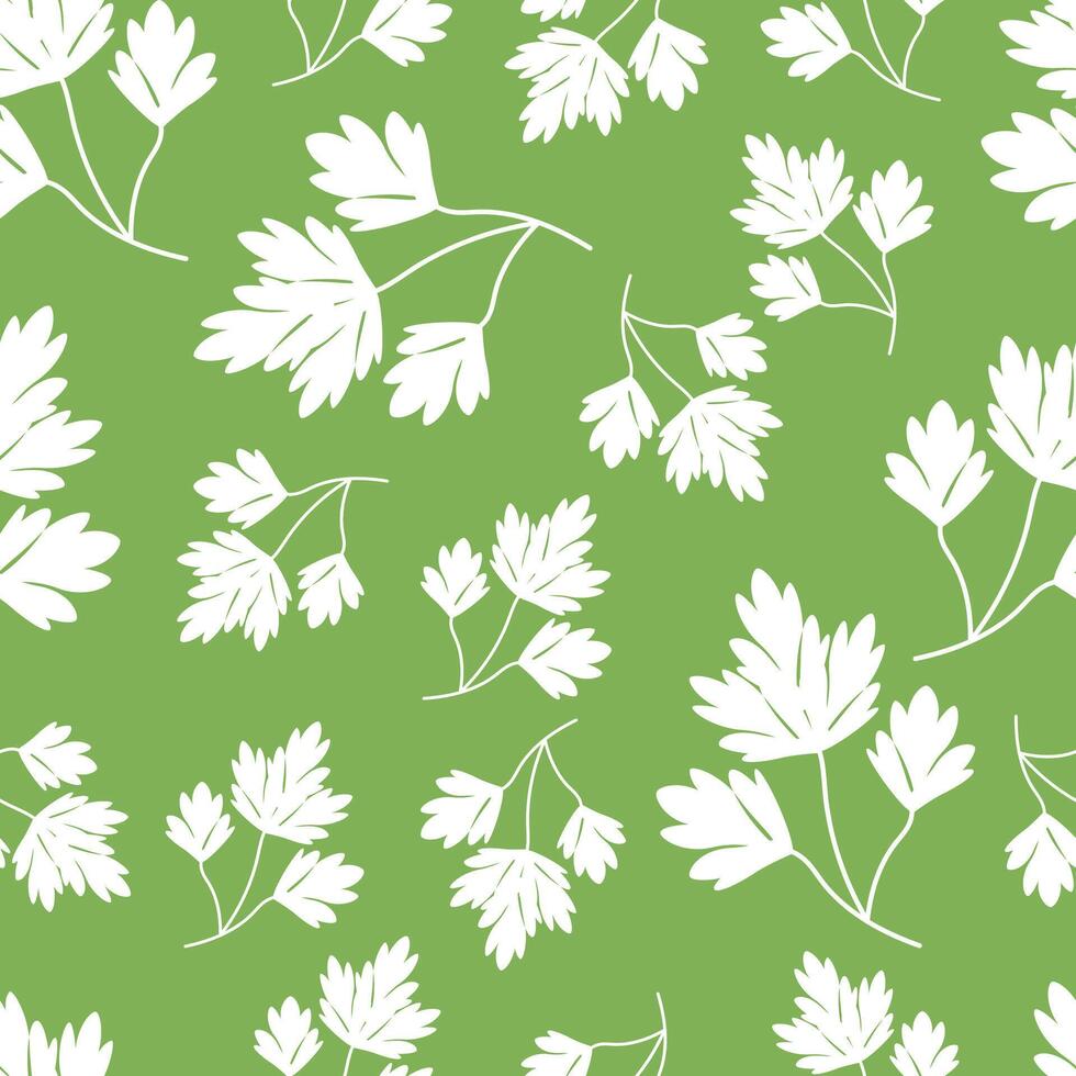 Seamless pattern white leaves parsley on green vector
