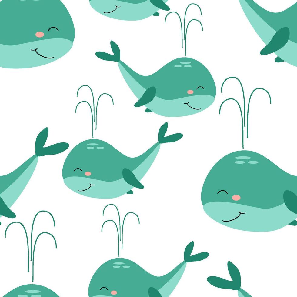 Seamless pattern cute funny green whale vector