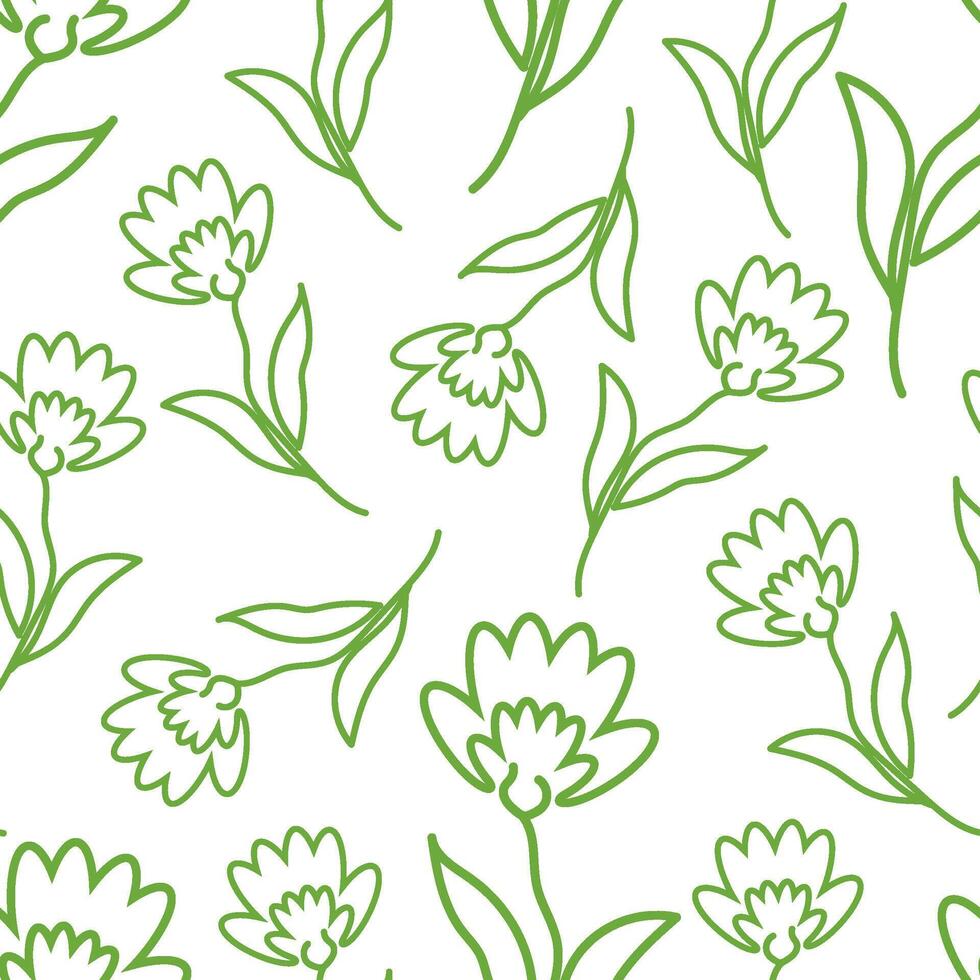 Seamless pattern green outline doodle flowers on white vector