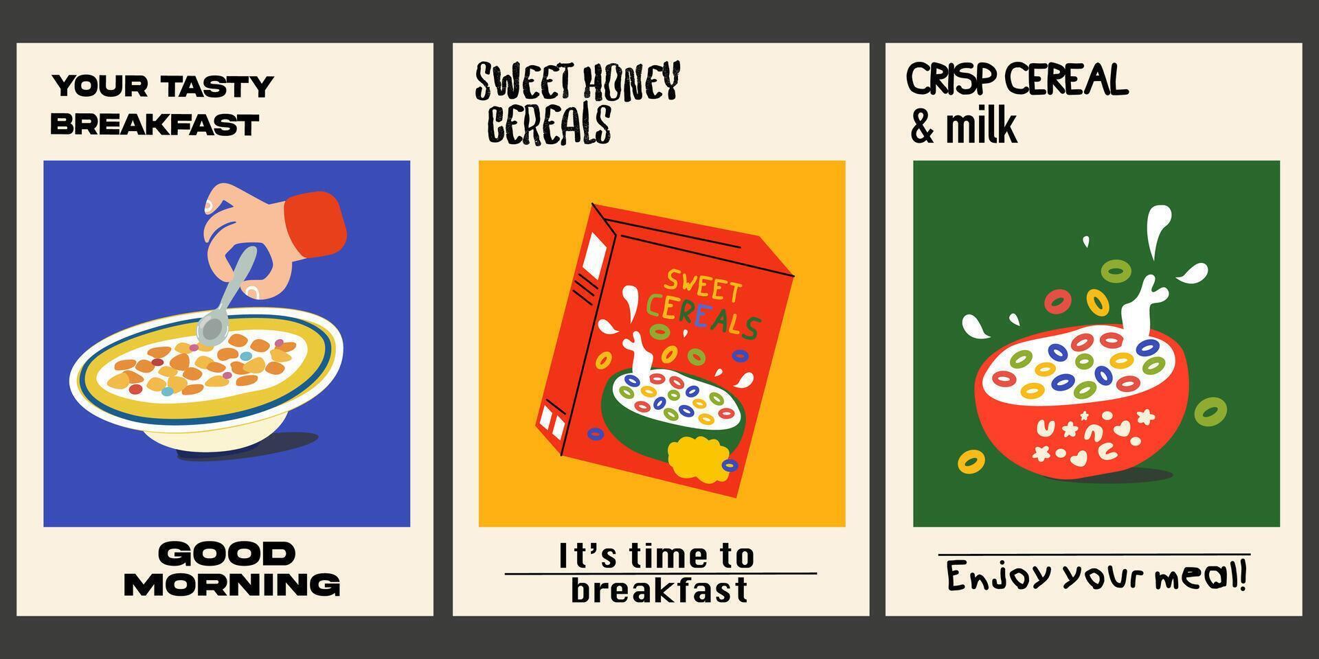 Collection of vintage posters with a healthy sweet breakfast. Crispy colorful cereal with milk. Cardboard box of honey flakes. illustration in retro cartoon style vector
