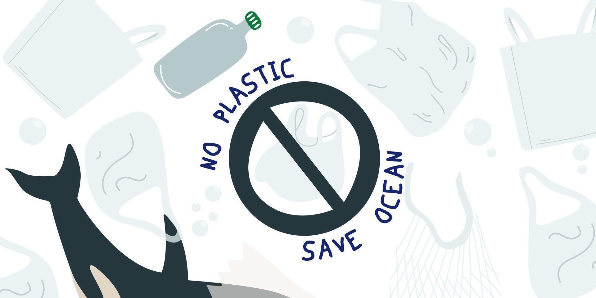 Save the Ocean. Ecology banner. Say no to plastic, stop ocean pollution. Protection of the planet concept. cartoon illustration vector