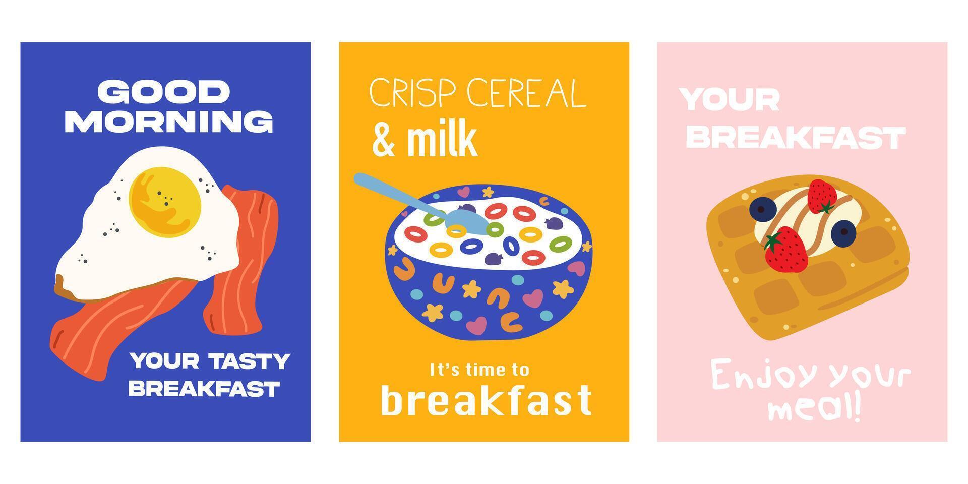 Good morning, tasty breakfast cartoon posters. Fried egg with bacon, crisp cereal with milk, waffles with fruit. Art for poster design, postcards, branding, background vector