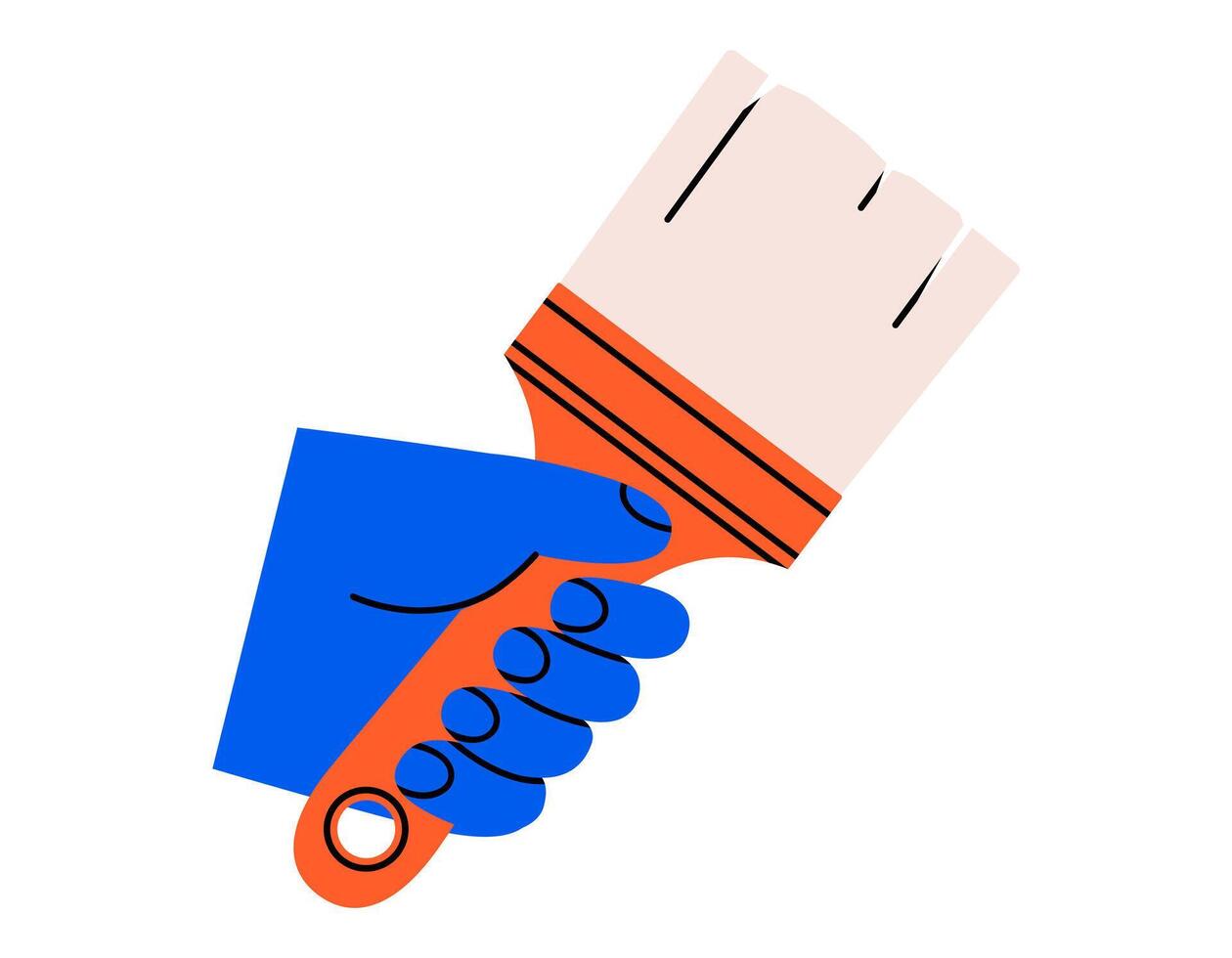 Hand drawn cute illustration of hand holding paintbrush. Flat repair tool in arm doodle. Support service hardware icon. Artist creativity. Settings or fix problem. Renovation work. Isolated. vector