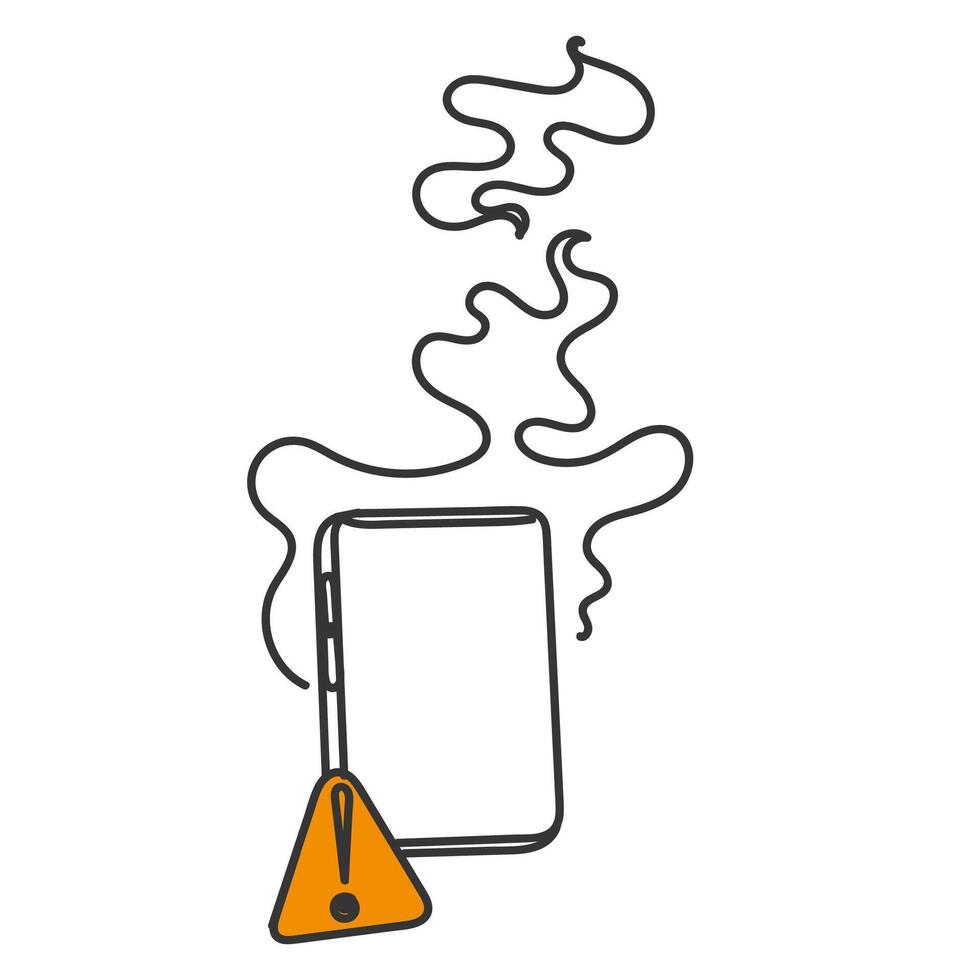 a phone with smoke coming out of it and a warning sign vector