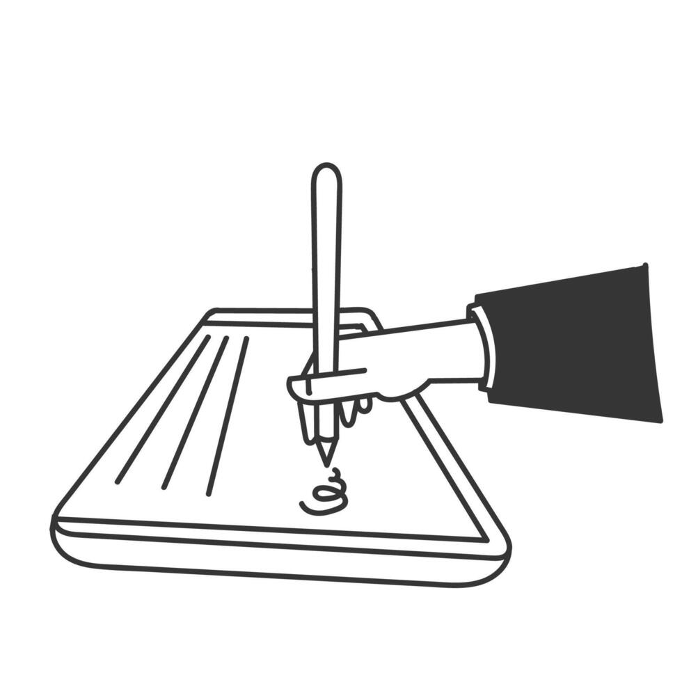 a hand holding a pen and writing signature on a tablet vector
