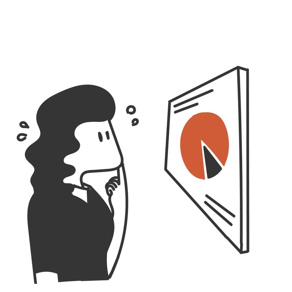 a cartoon woman looking at a pie chart vector
