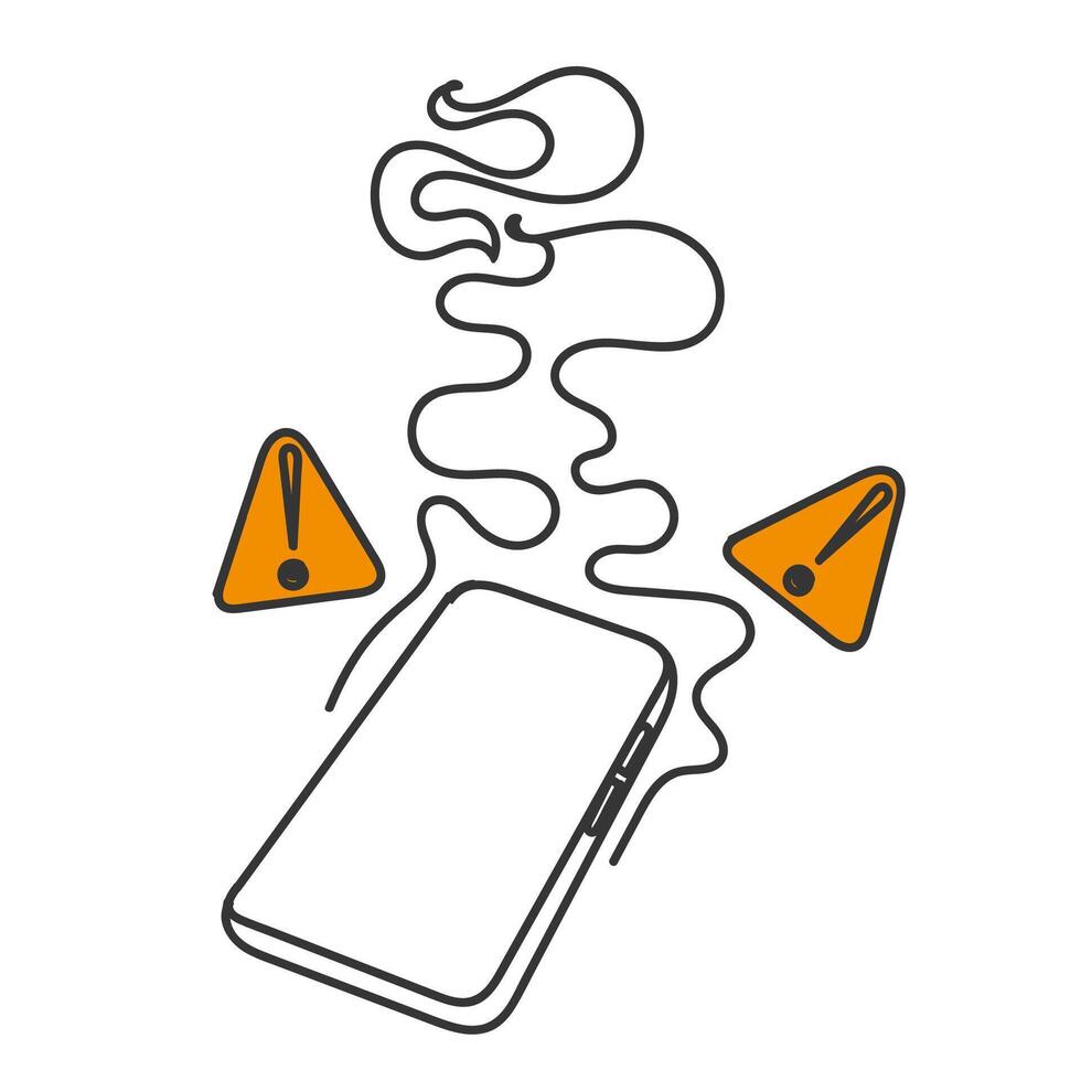 an illustration of a phone with a warning sign overheat vector