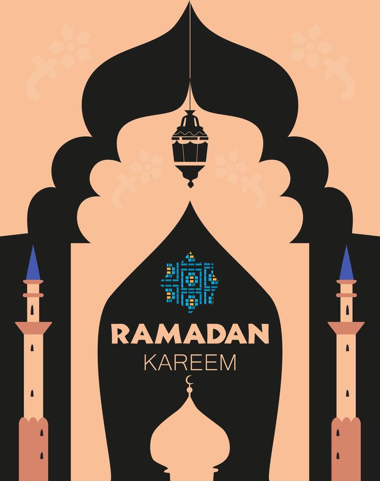 Ramadan Kareem greeting card with flat illustrations of dome, minarets, lantern. vector