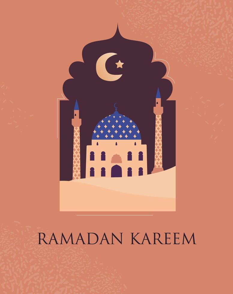 Ramadan Kareem greeting card with flat illustrations of mosque, minarets, crescent moon inside window shape. vector