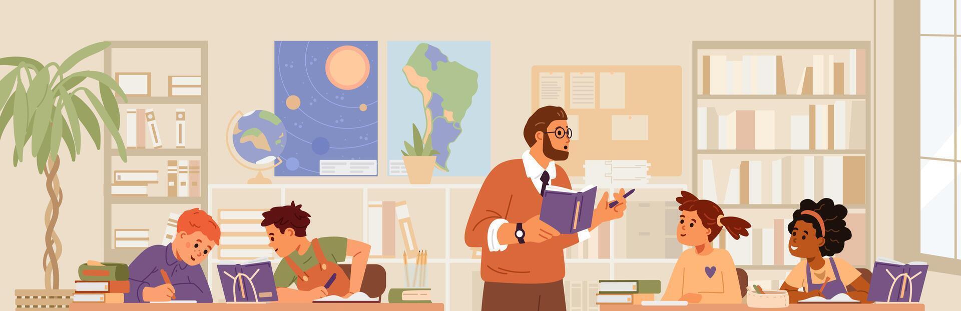 School classroom with children and man teacher during the lesson flat illustration. vector