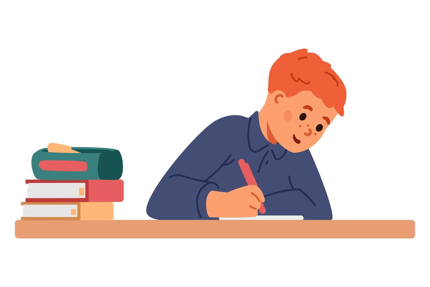 School boy sitting at desk with stationary writing flat illustration isolated on white. vector