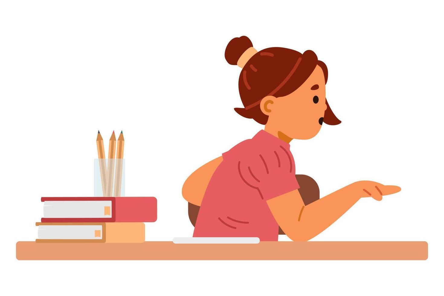 School girl sitting at desk with stationary in classroom chatting flat illustration isolated on white. vector
