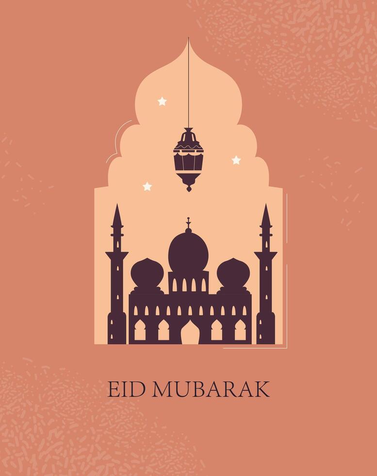 Ramadan Kareem greeting card with flat illustrations of mosque, minarets, lantern inside window shape. vector
