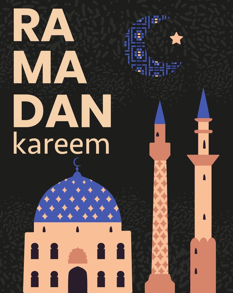 Ramadan Kareem greeting card with flat illustrations of mosque, minarets, ornate crescent moon. vector