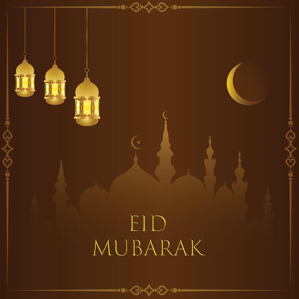 Eid mubarak greeting card with lanterns and crescent moon vector