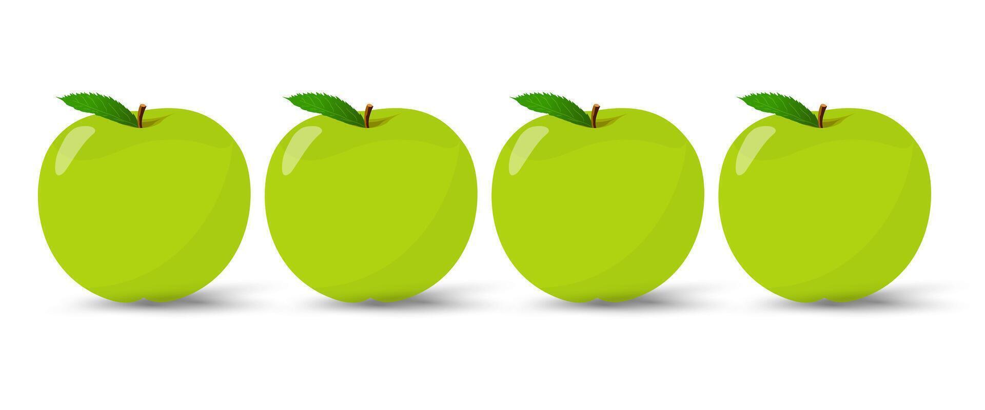 Set of Five fresh fresh green apples on isolated backgrund, and showing thair Each apple has a bright green leaf, adding a touch of freshness fruits vector