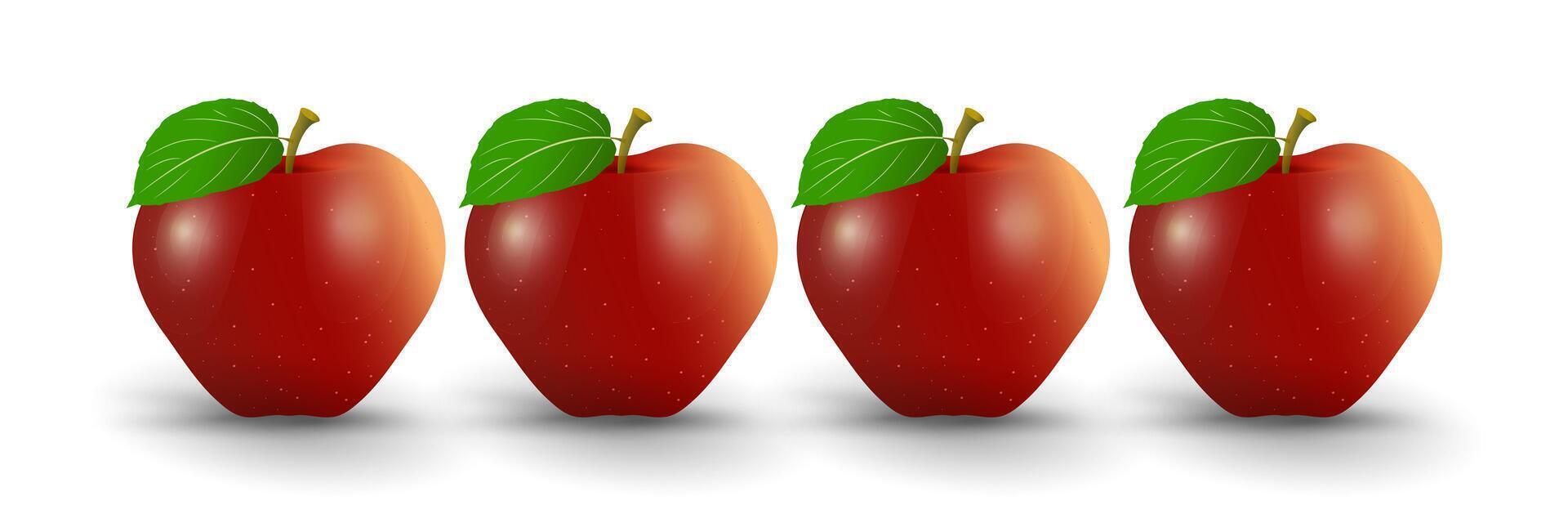 Set of four shiny red apples with a smooth surface and a single green leaf attached to its. Group of juicy falling red apples, realistic 3d illustration vector