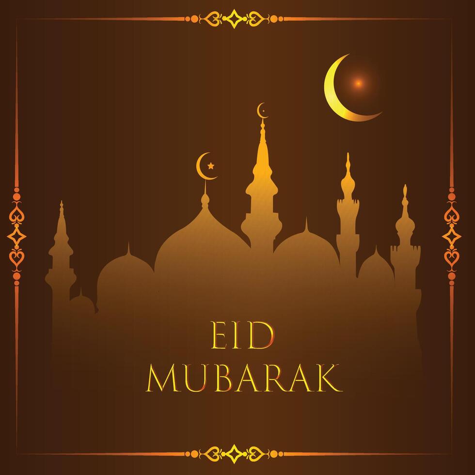 Eid mubarak greeting card with mosque silhouette illustration vector