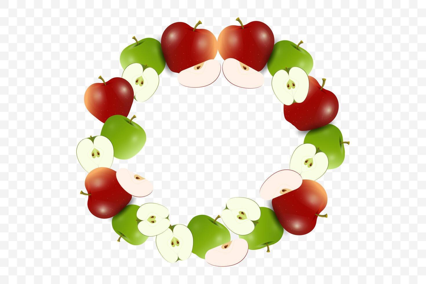 A circle of fresh red, green apples accompanied by group of apples slices revealing their crisp white interiors and seeds. fruits banner concepts vector