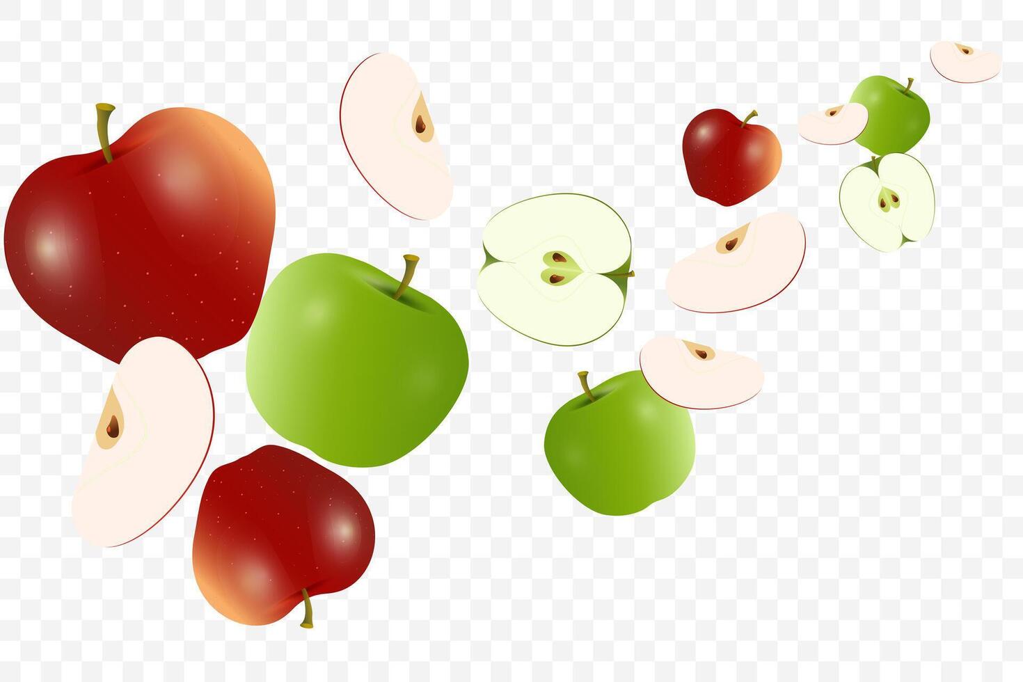 Group of apple flying background, fresh green, red apples with pieces of apples cut on transparent background. used for fruits banner concepts, illustration vector