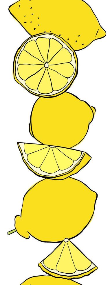 Lemons cut, slices and whole seamless vertical border. Citrus lemons line graphic ink art. art for food design, recipe, cook book, packages, menu, food ads and decor vector